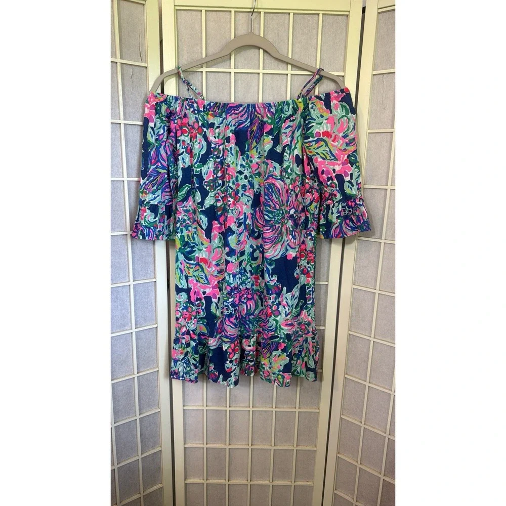 Lilly Pulitzer Mini Stretch Off Shoulder Indigo Exotic Escapade Dress Girls XL